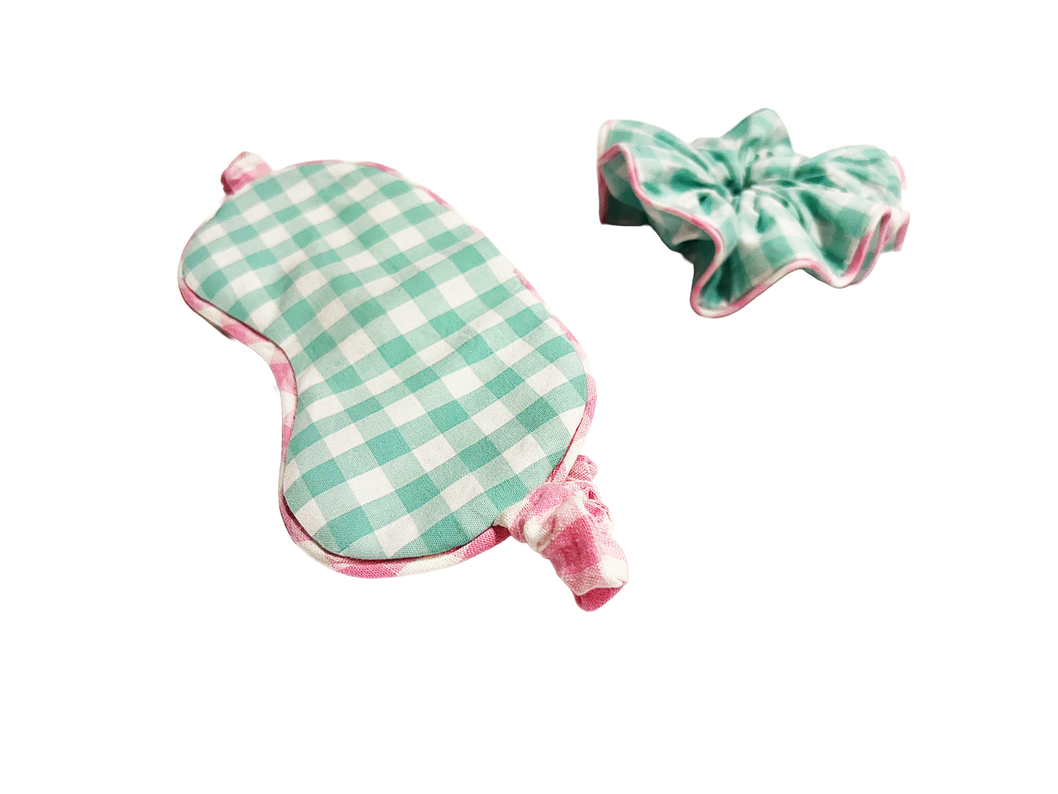 Mint Green & Pink Gingham Lavender Eye Mask and Scrunchie Gift Set