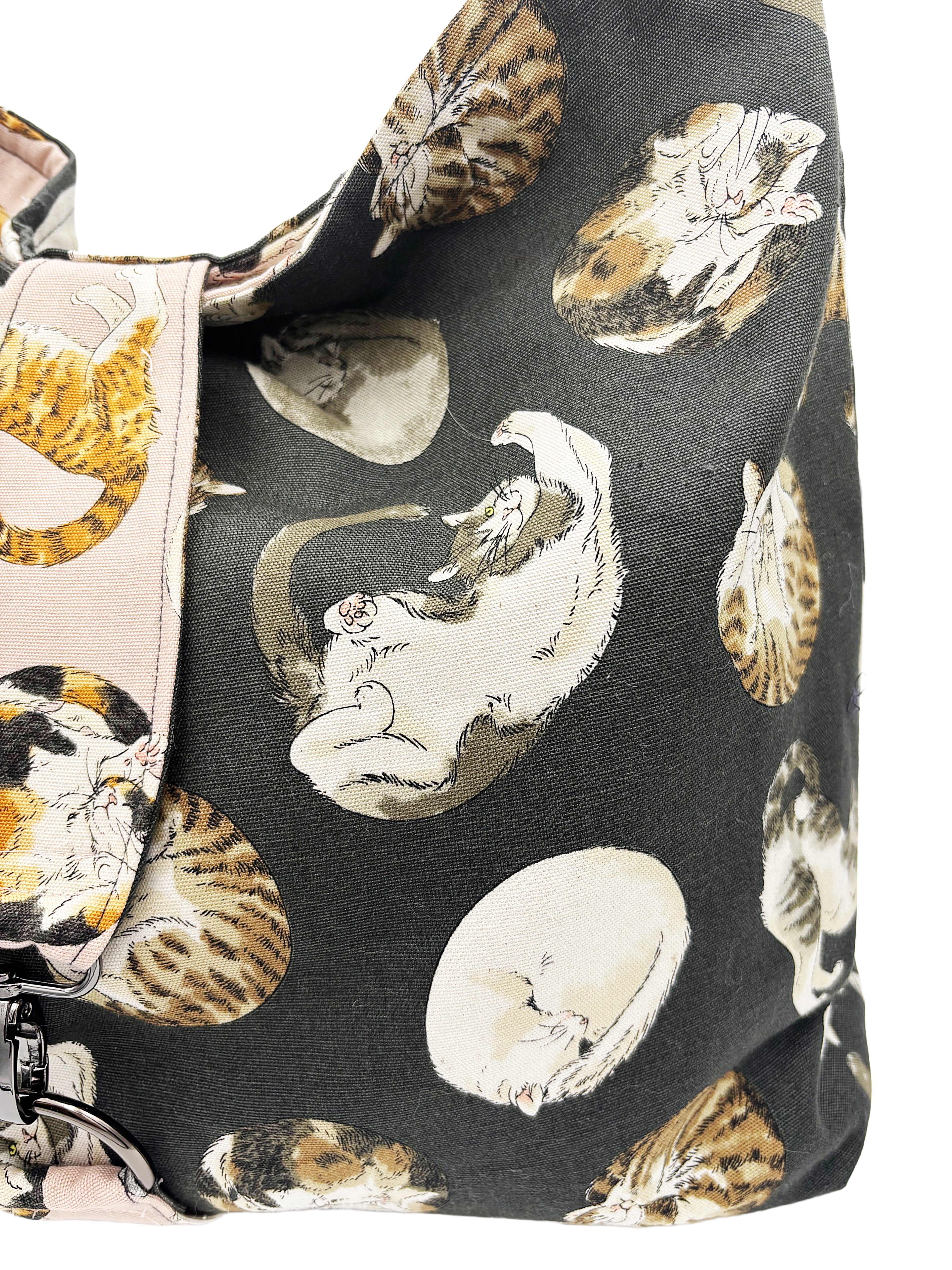 Handmade Reversible cat Bag | Slouchy Cotton Shoulder Bag