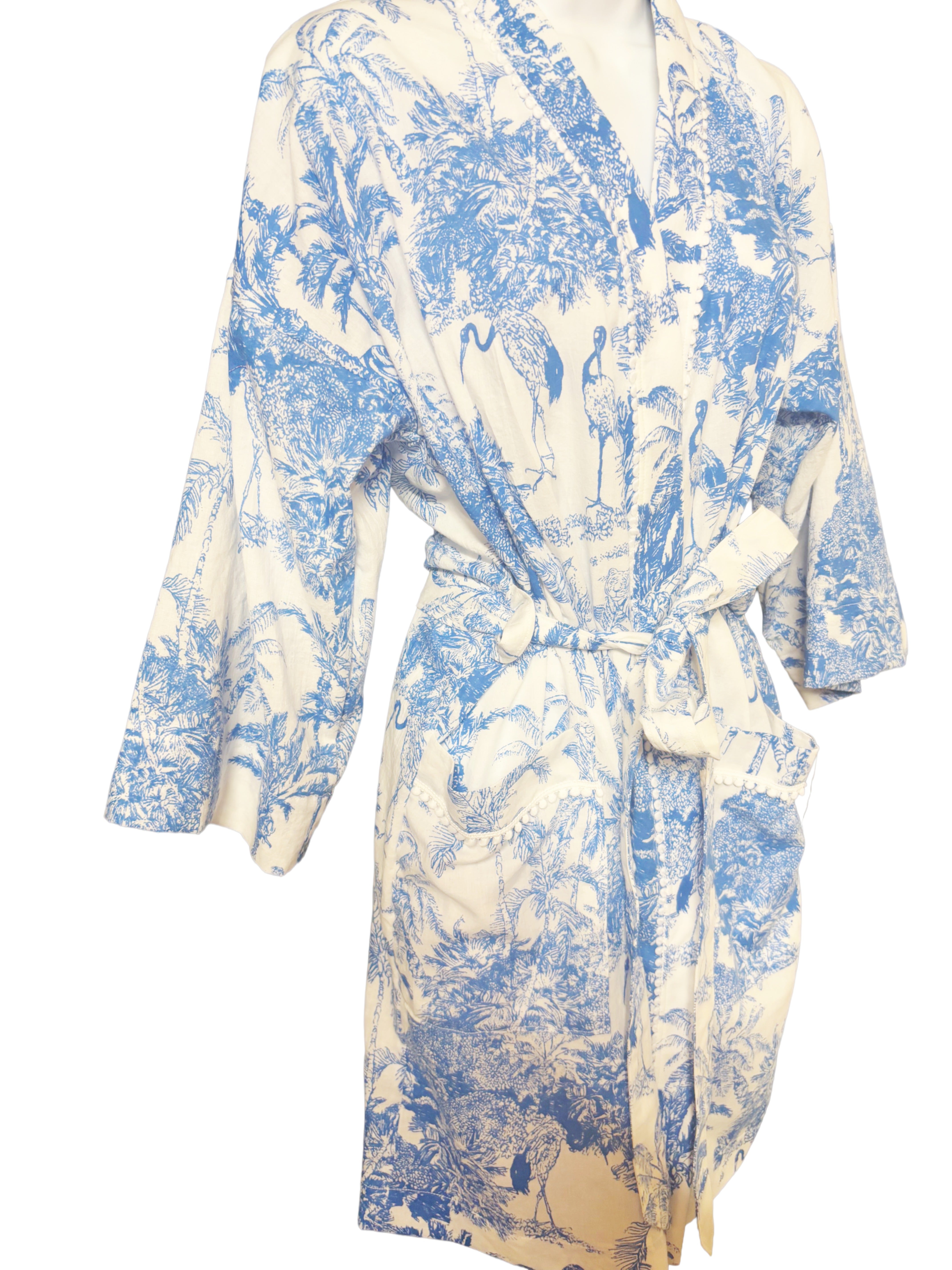 Cotton Dressing Gown | Blue & White Jungle Print