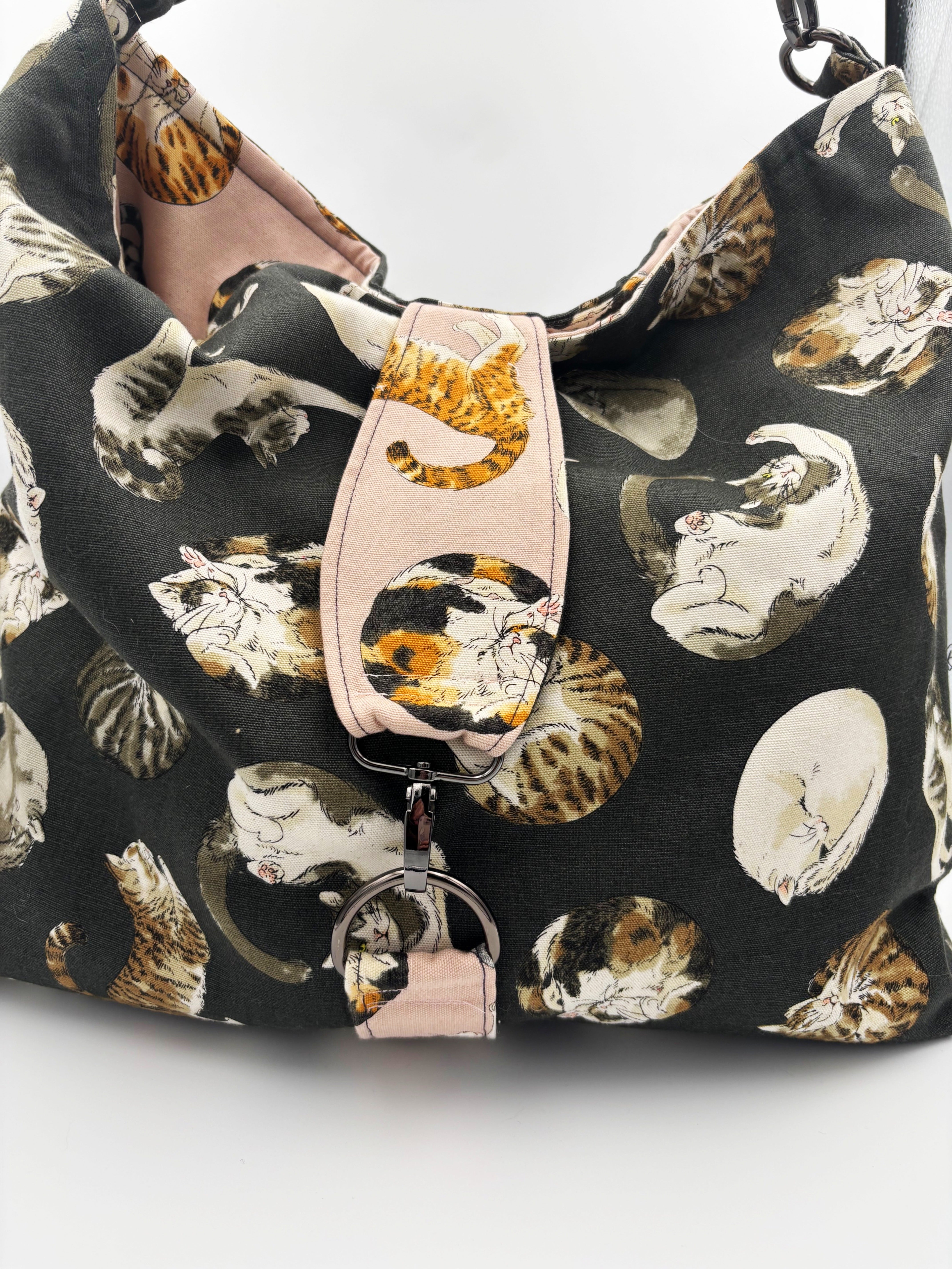 Handmade Reversible cat Bag | Slouchy Cotton Shoulder Bag