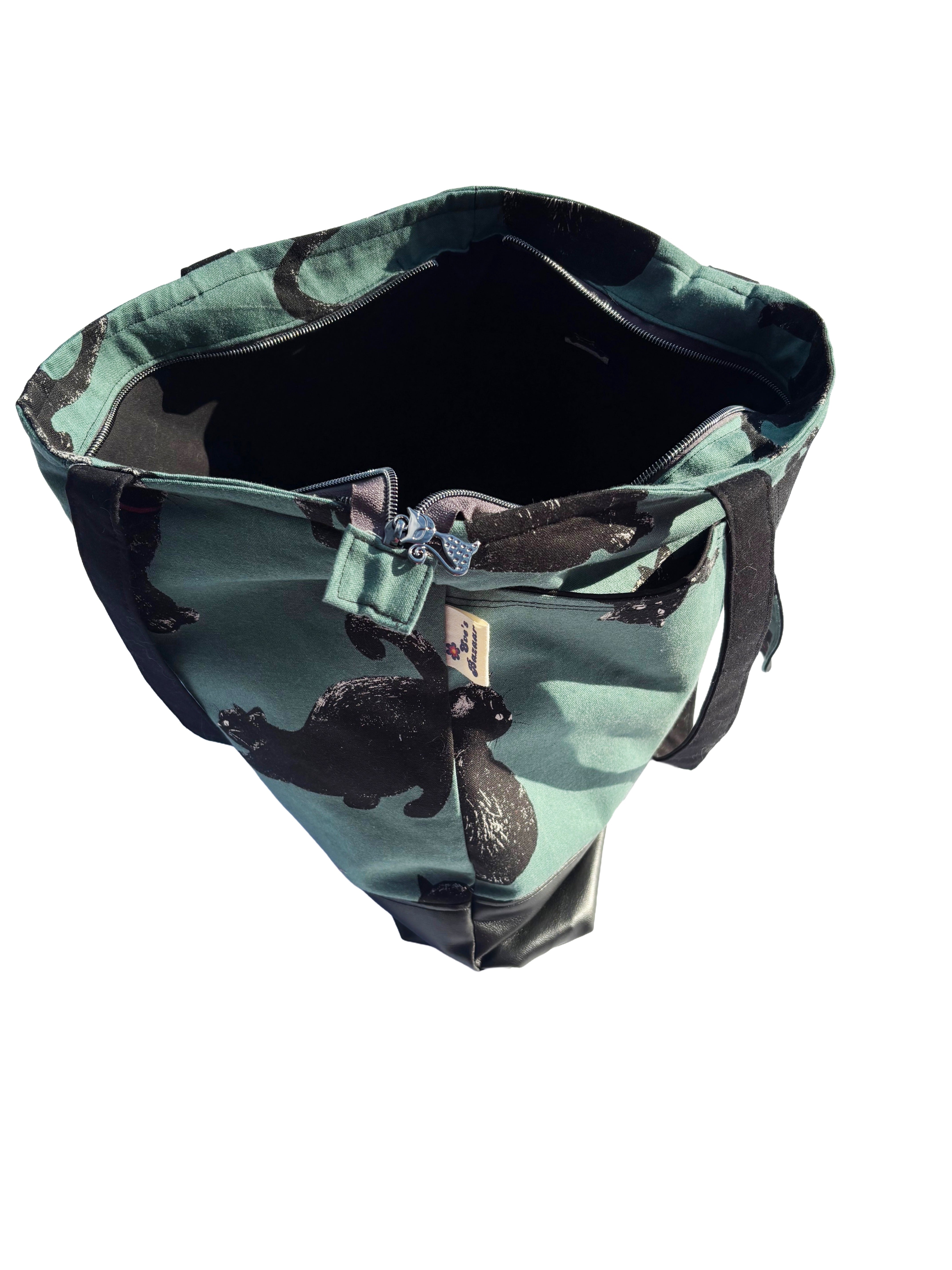 Handmade Cat Print Zip-Up • Large Tote with Pockets