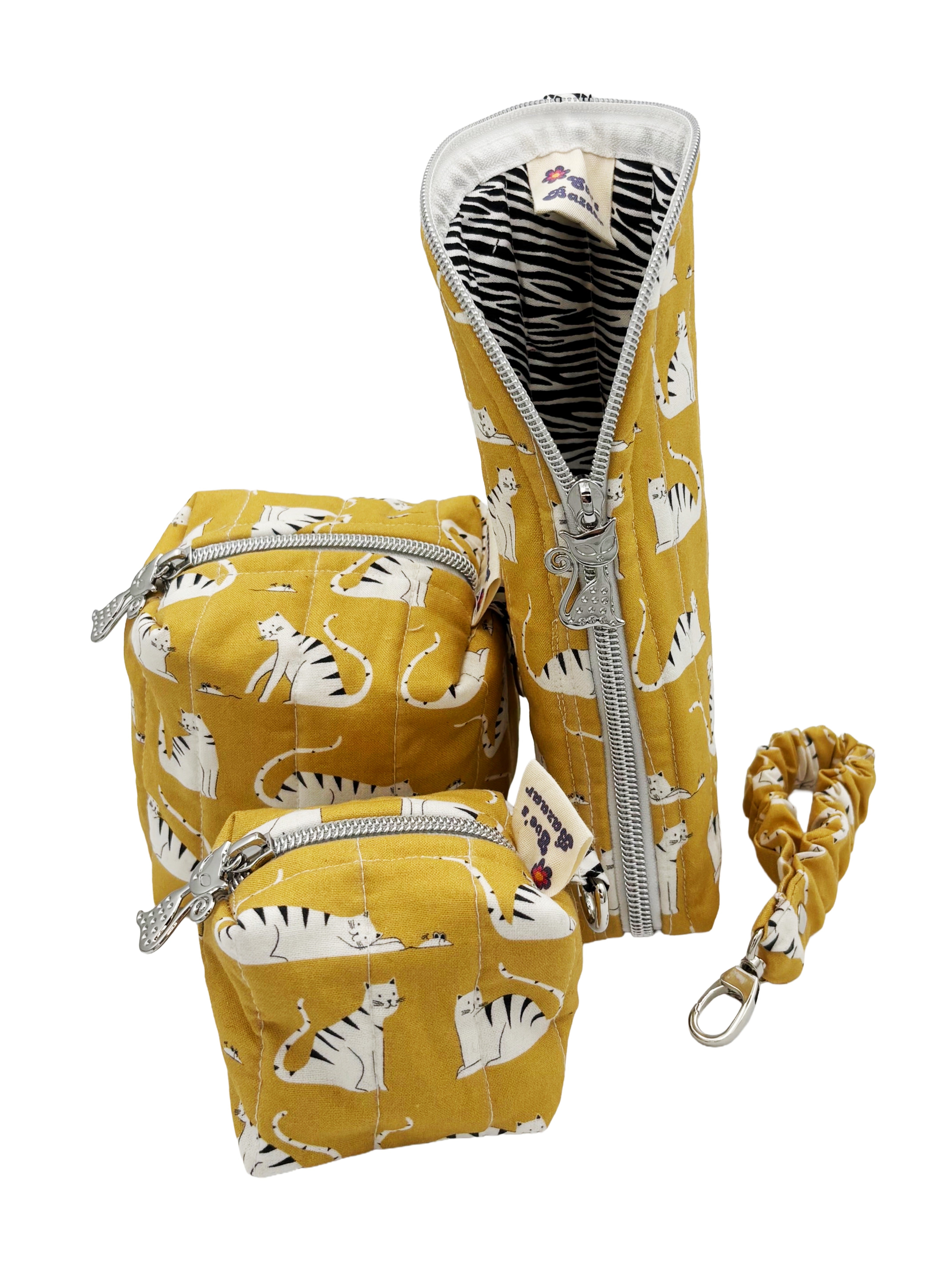 Quilted mustard tabby cat pouch