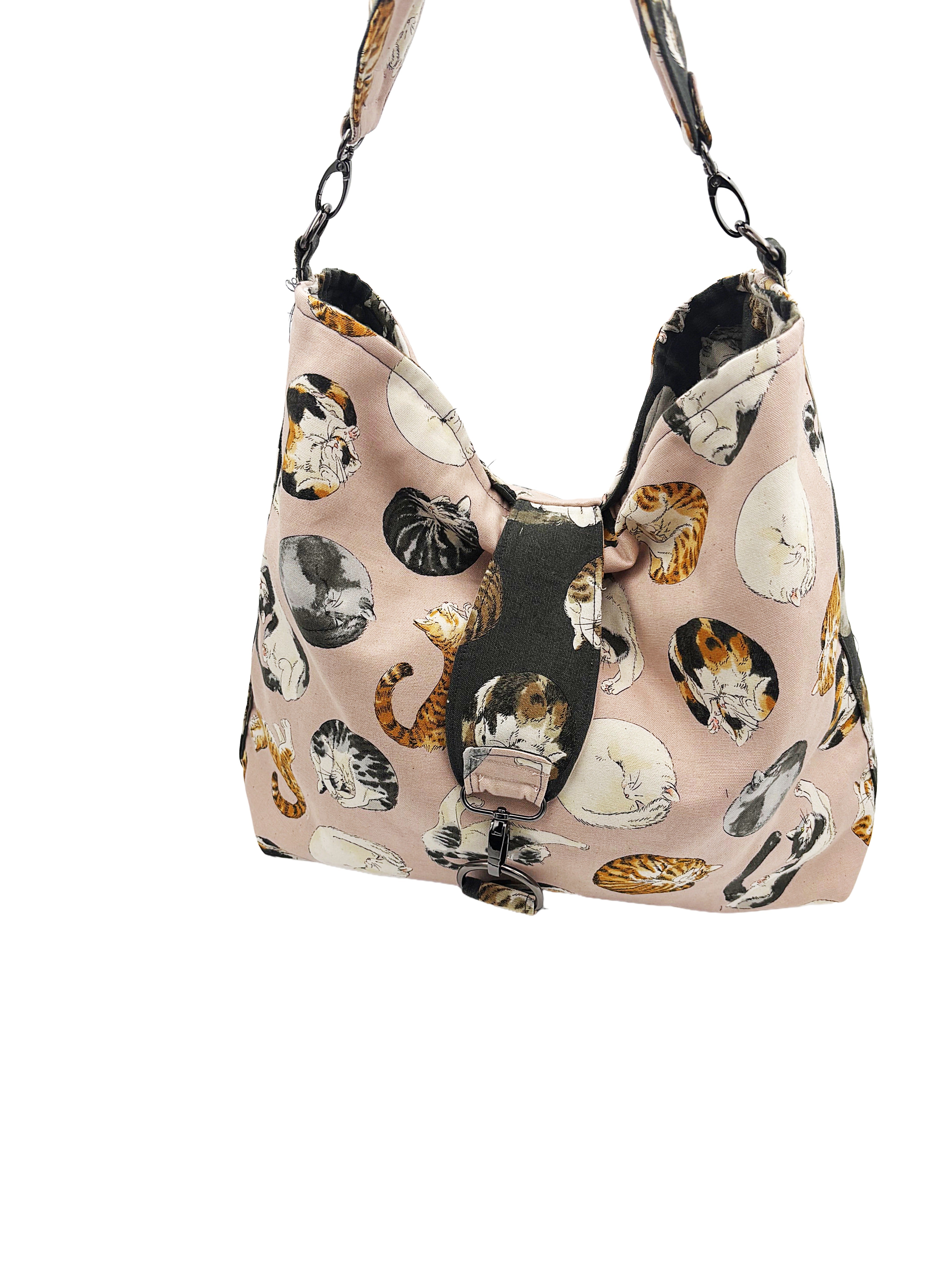 Handmade Reversible cat Bag | Slouchy Cotton Shoulder Bag