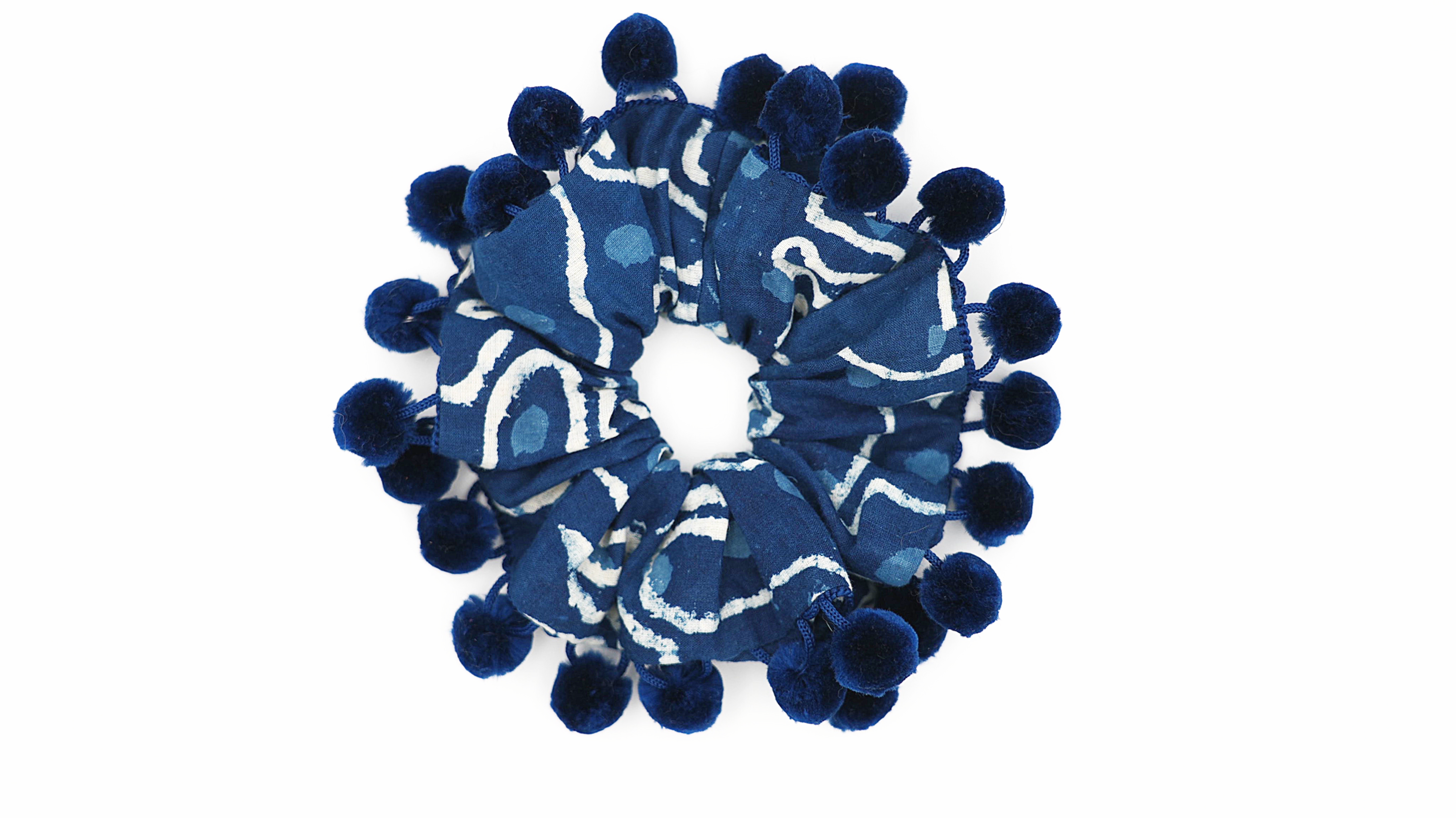 Indigo Cat Print Scrunchie Velvet Pom-Poms