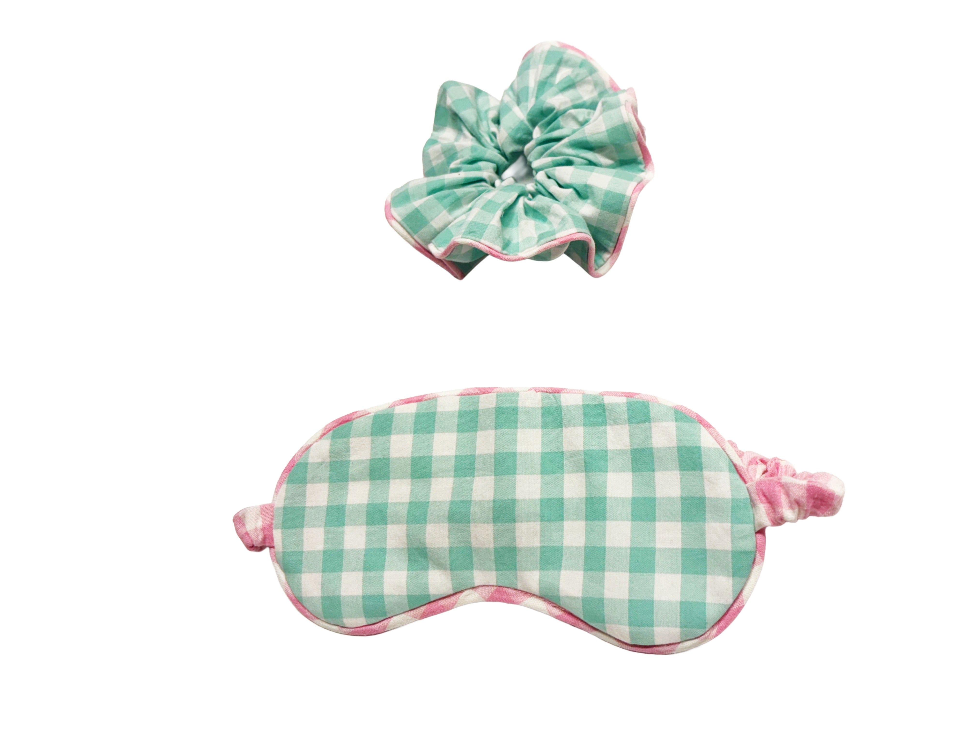 Mint Green & Pink Gingham Lavender Eye Mask and Scrunchie Gift Set