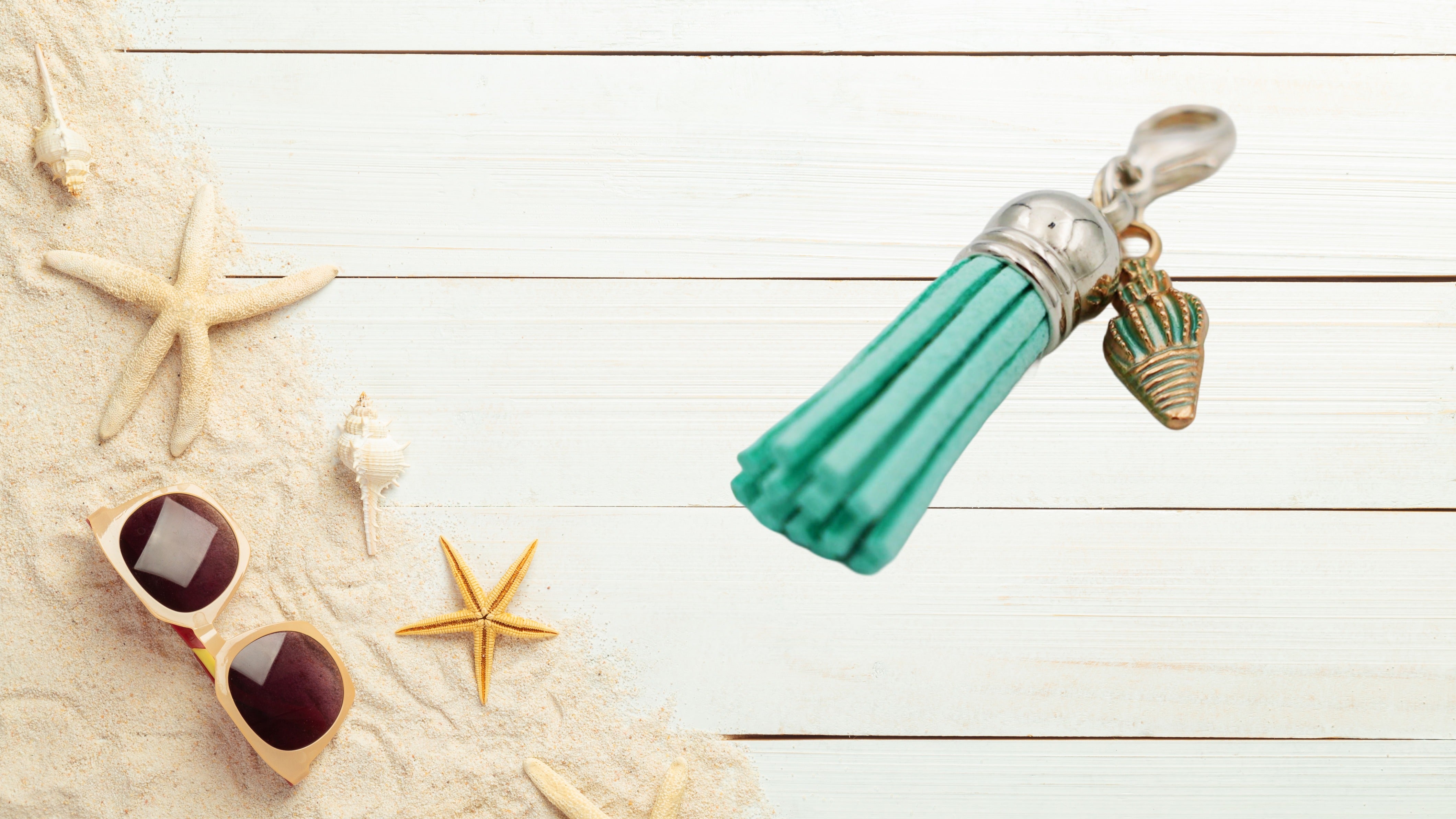 Turquoise Suede Tassel Bag Charm with Seashell
