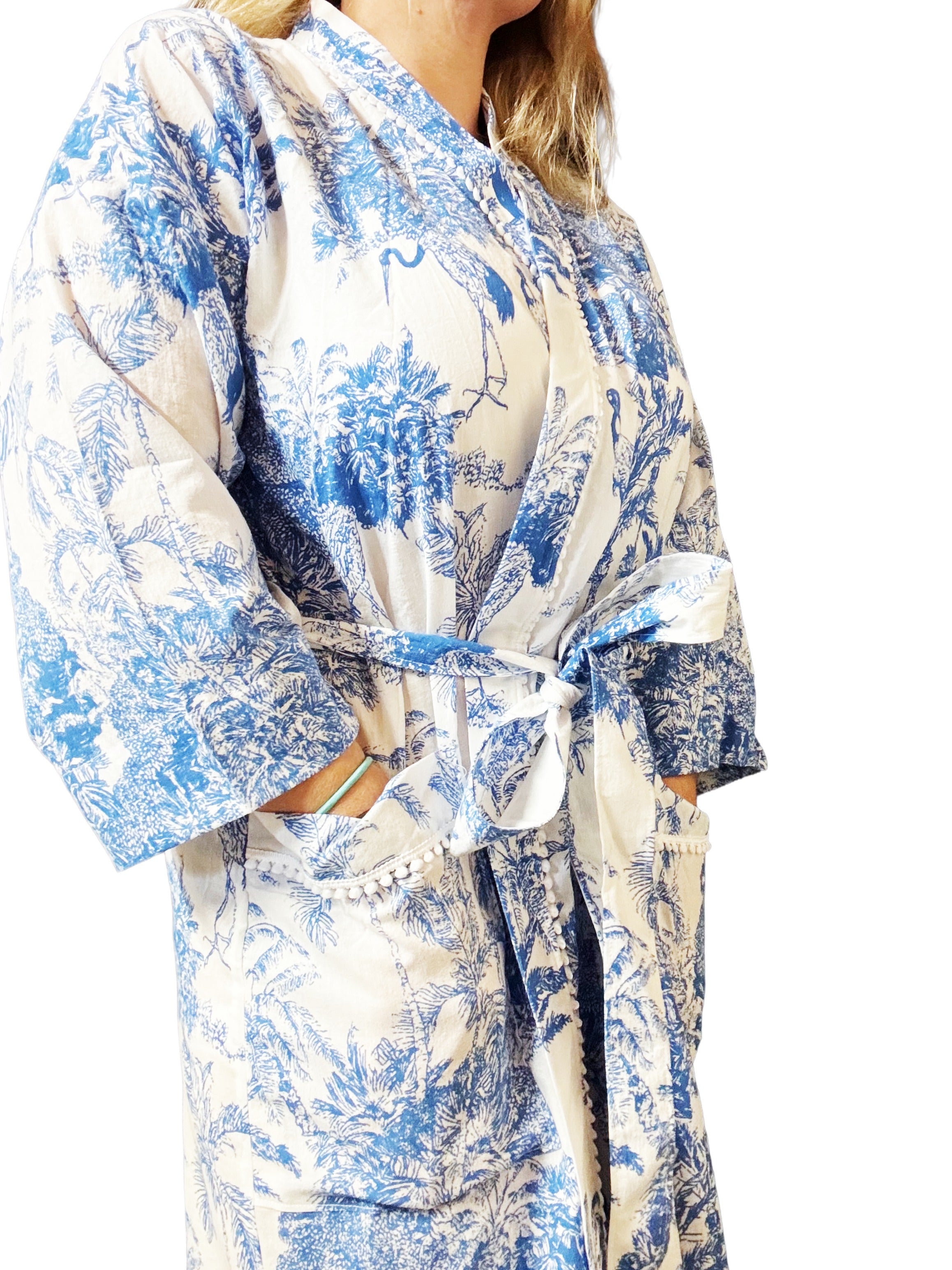 Cotton Dressing Gown | Blue & White Jungle Print