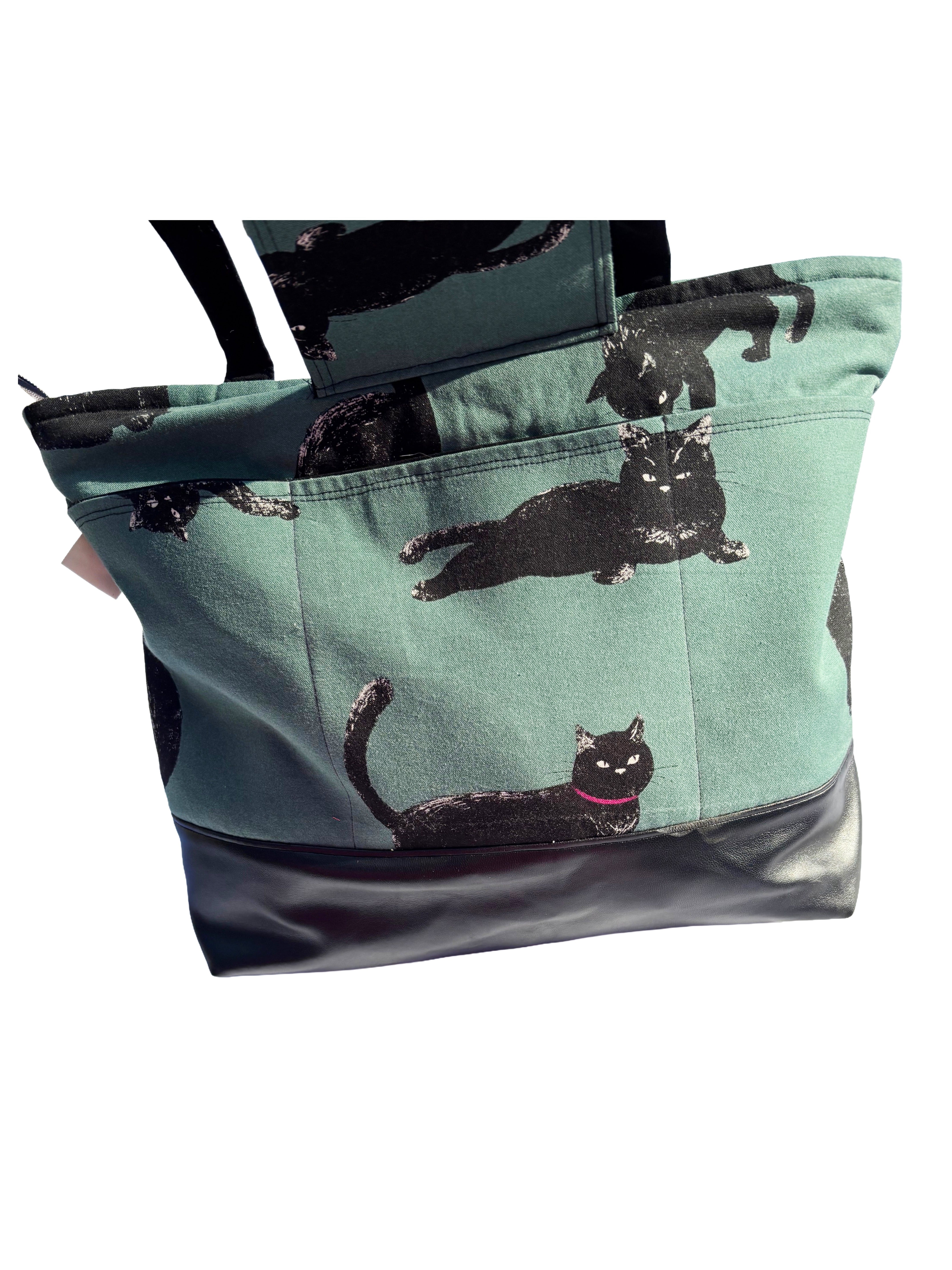 Handmade Cat Print Zip-Up • Large Tote with Pockets