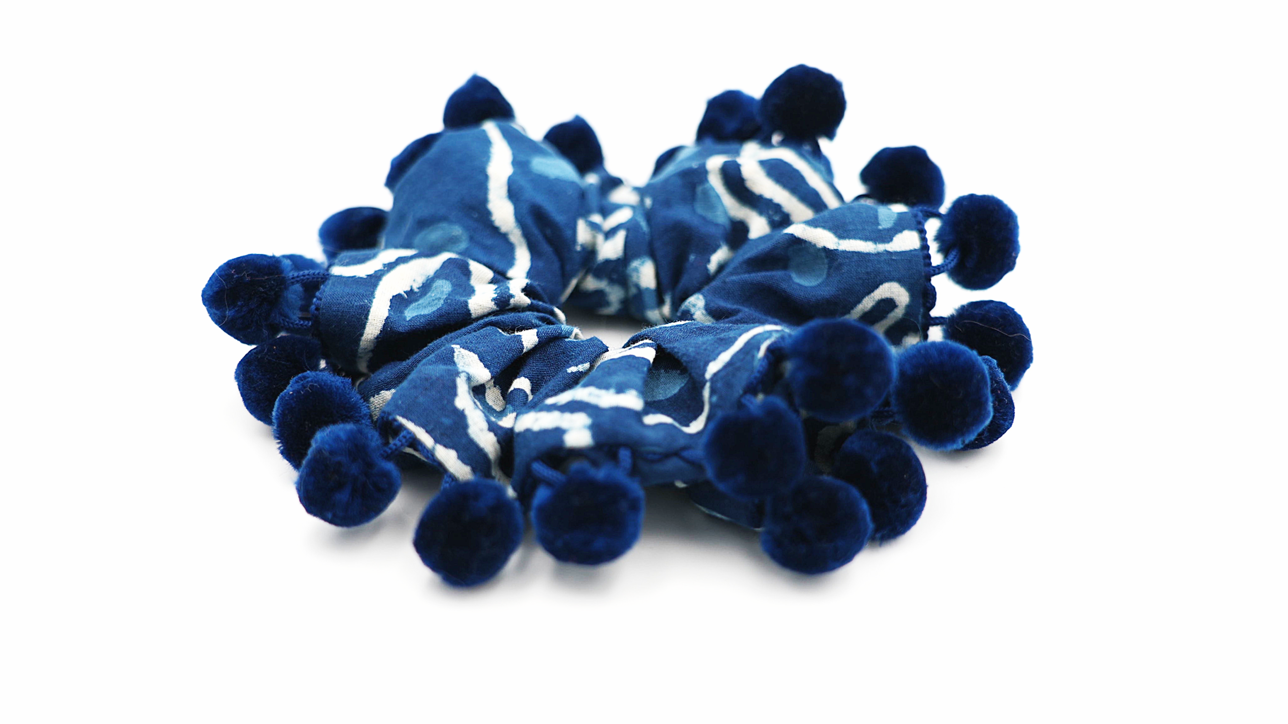 Indigo Cat Print Scrunchie Velvet Pom-Poms