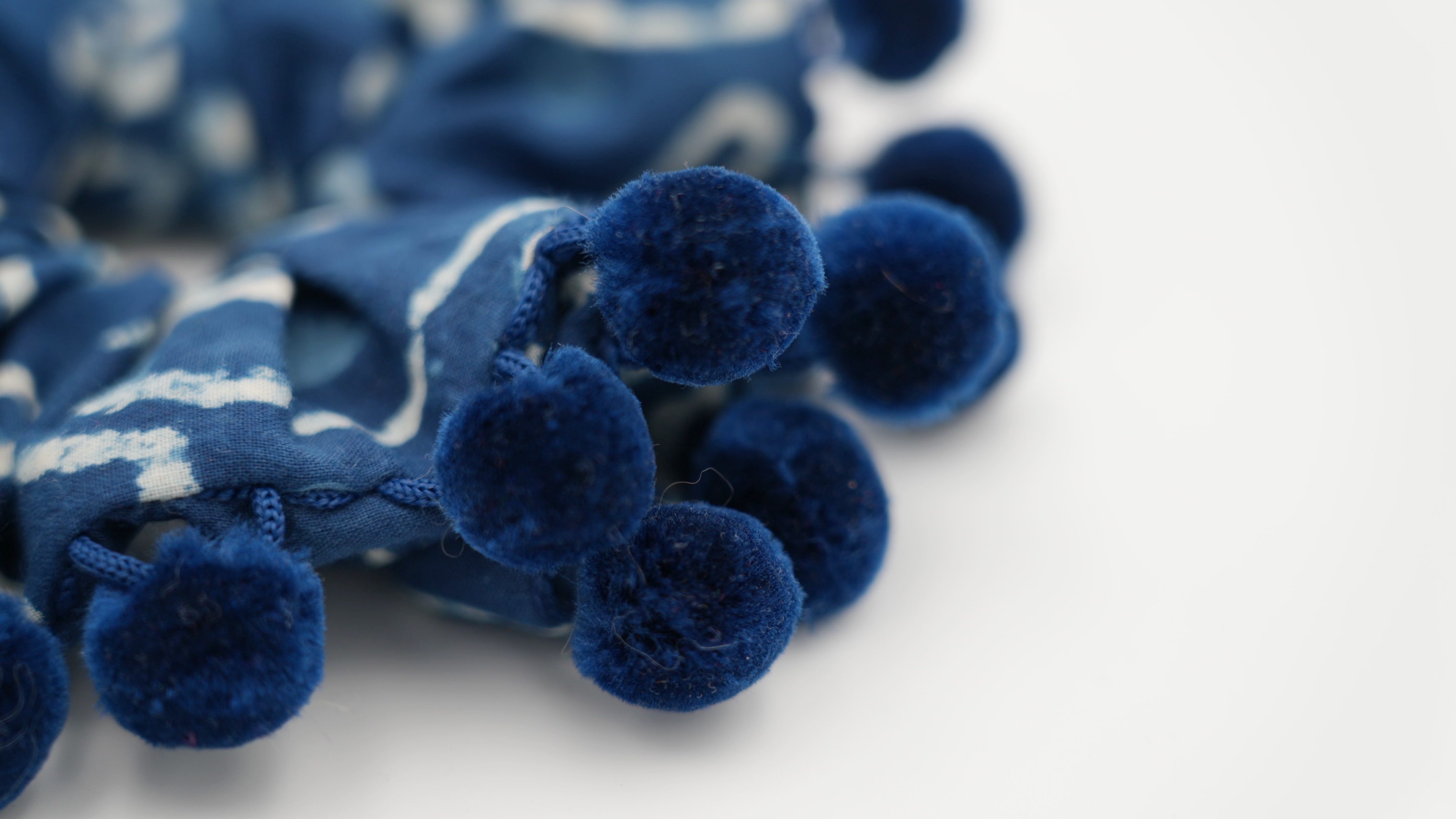 Indigo Cat Print Scrunchie Velvet Pom-Poms