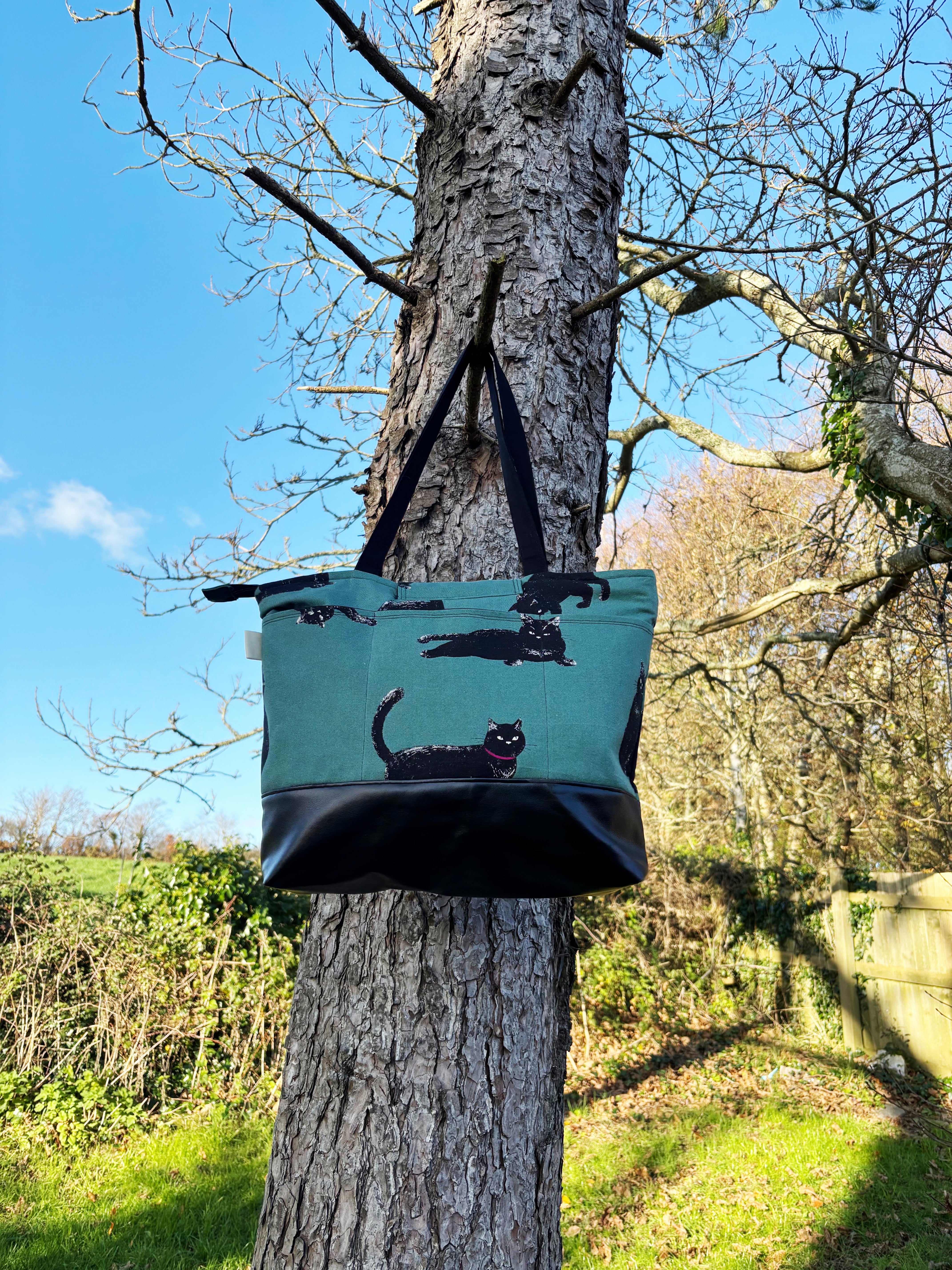 Handmade Cat Print Zip-Up • Large Tote with Pockets