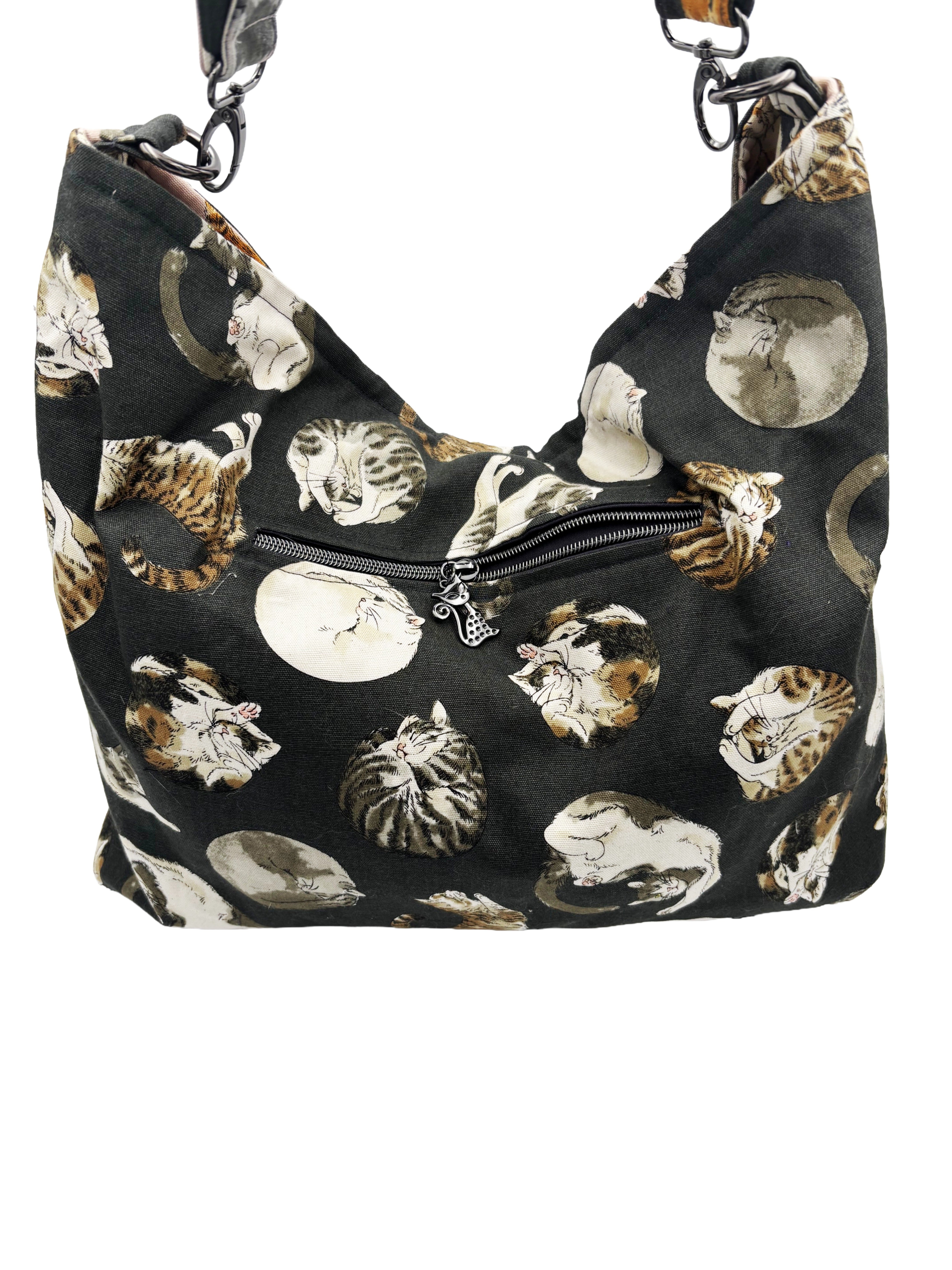 Handmade Reversible cat Bag | Slouchy Cotton Shoulder Bag