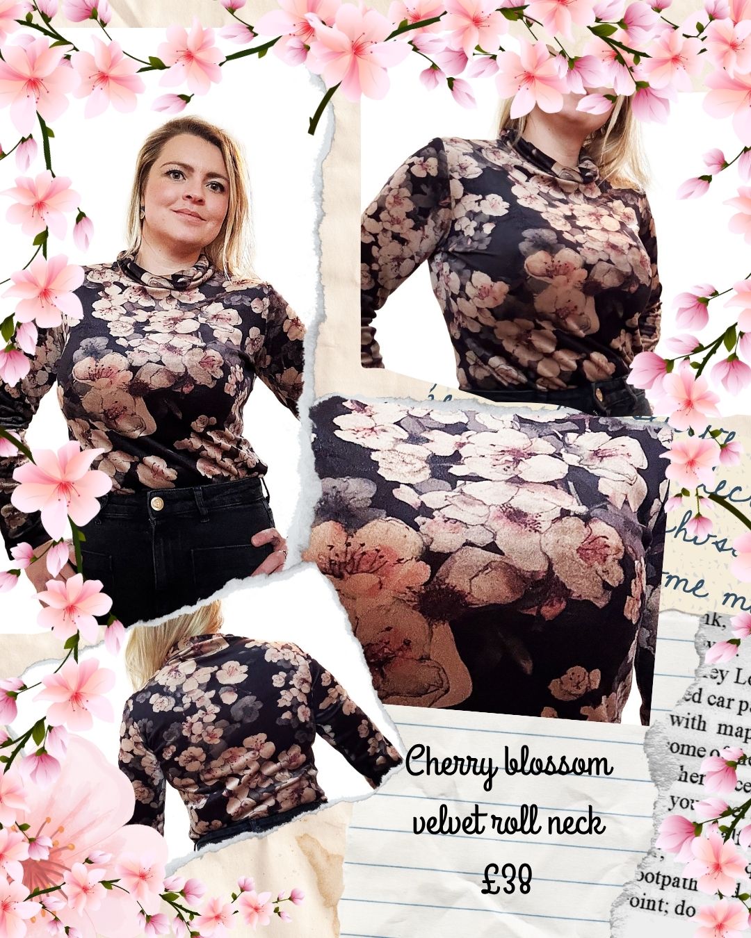 Cherry Blossom Velvet Roll Neck Top