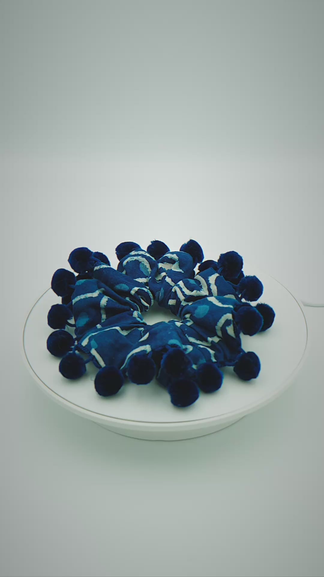 Load video: Indigo Cat Print Scrunchie Velvet Pom-Poms