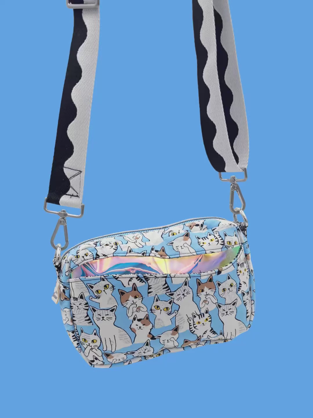 Load video: Japanese Cat Crossbody Bag – Handmade Multi Pocket Fabric Shoulder Bag Blue